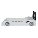 Race Car Shaped Platform Bed With LED And Upholstered Backrest In by HouseOfZazla