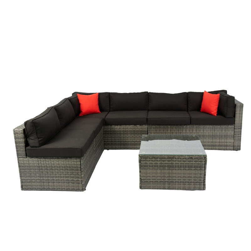 5 Pieces PE Rattan sectional Outdoor Furniture Cushioned U Sofa set with 2 Pillow Grey wicker + Black Cushion