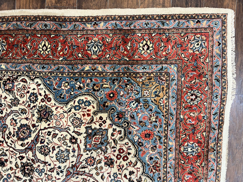 Persian Sarouk Rug 8x12, Wool Hand Knotted Antique Carpet, Floral Medallion, Cream Red, Traditional Oriental Rug