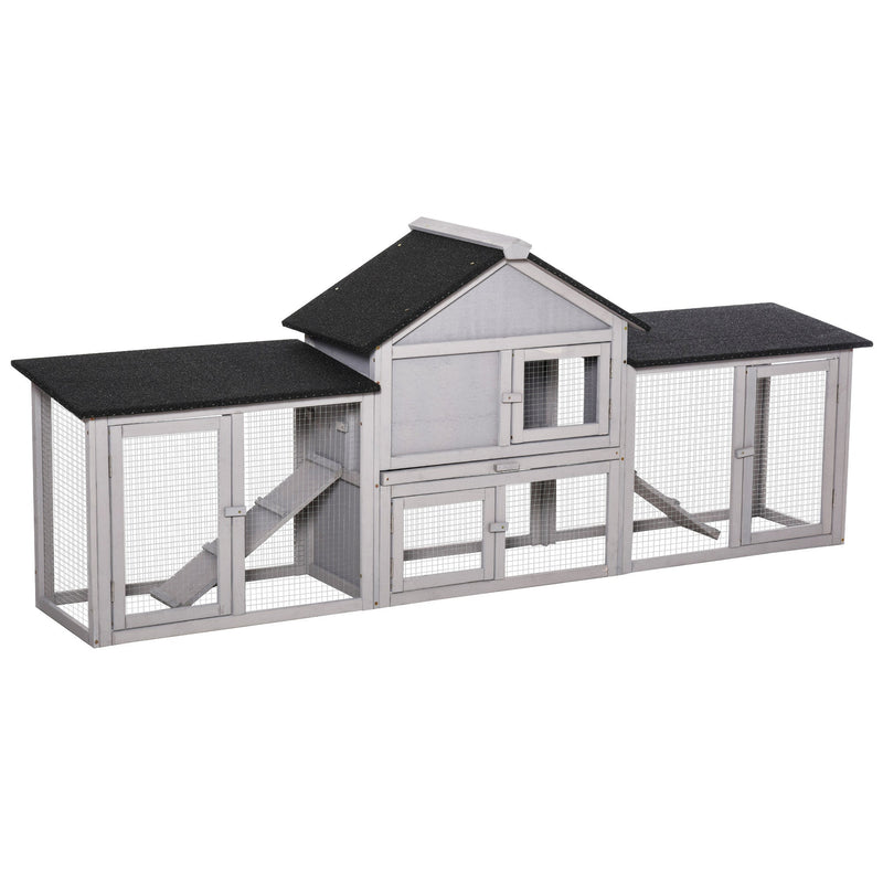 83"L Outdoor Rabbit Hutch, Guinea Pig Cage Indoor Outdoor Wooden Bunny Hutch with Double Runs, Weatherproof Roof, Removable Tray, Ramps, Gray
