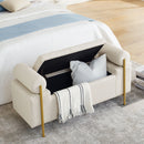 Elegant Upholstered Storage Bench With Cylindrical Arms And Iron Legs,