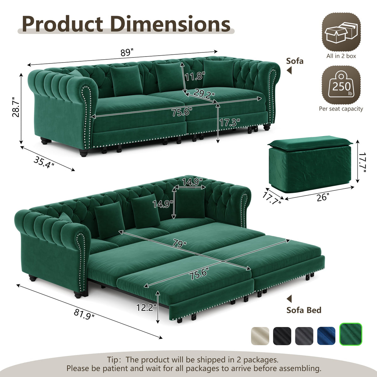 Chesterfield 3-in-1 Pull-Out Sofa Bed - Green, photo 9 of 10