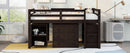 Loft Low Study Bed With Cabinet, Shelves And Rolling Portable Desk, Multiple Functions