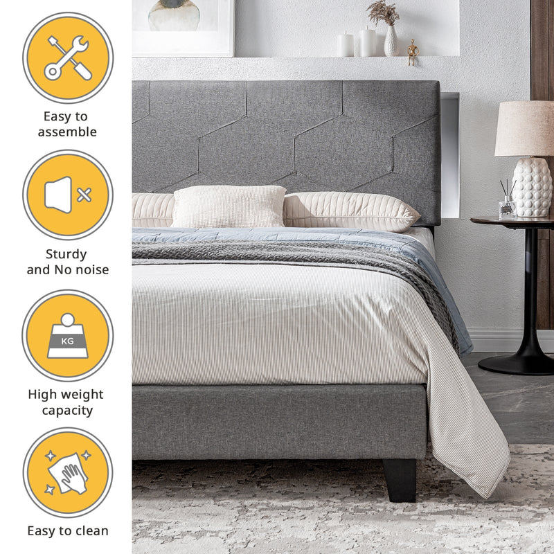 Queen Size Upholstered Platform Bed Frame, Wood Slat Support, Easy Assembly,Grey