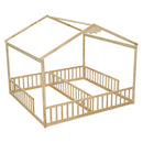 Double Twin House-Style Floor Bed with Fence, Guardrails, without door, Natural(Old Sku:W504P143318)
