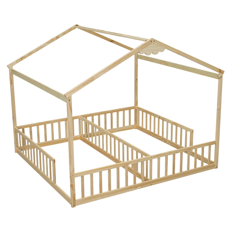 Double Twin House-Style Floor Bed with Fence, Guardrails, without door, Natural(Old Sku:W504P143318)