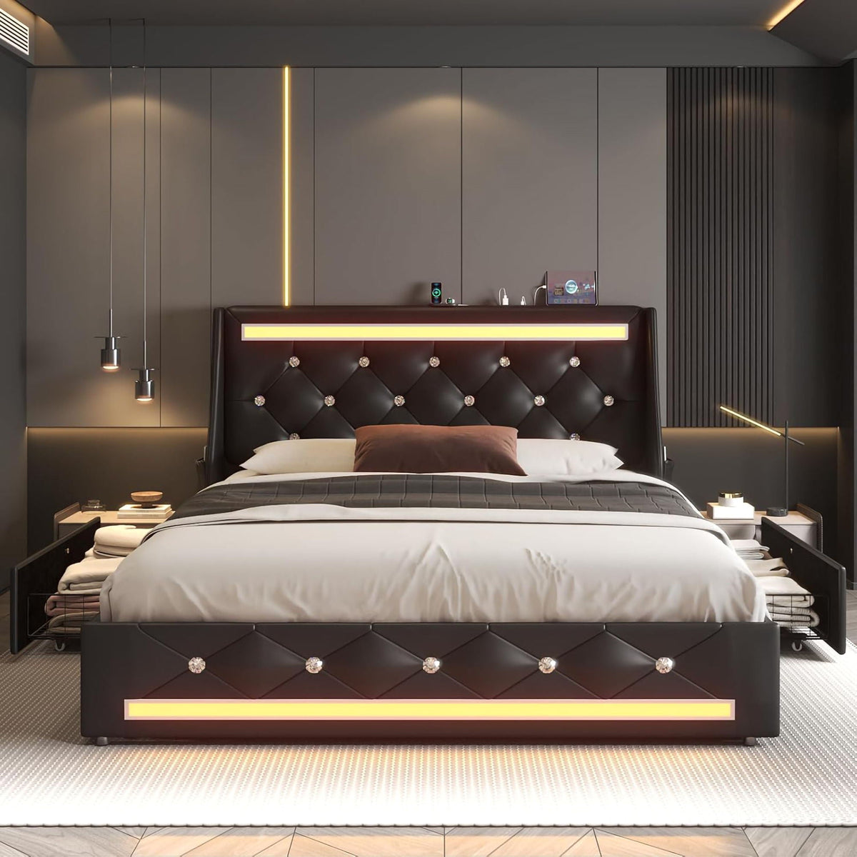Wingback Upholstered Bed Frame With LED Lights, Charging Station, photo 29 of 40