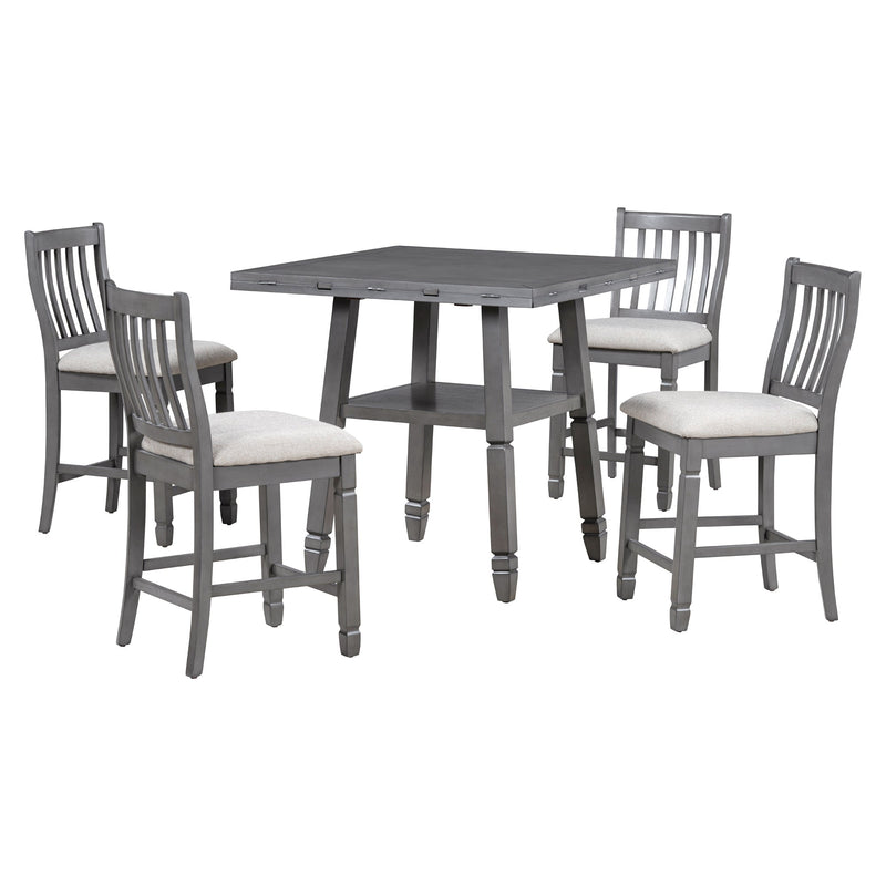 5-Piece Counter Height Dining Table Set in 2 Table Sizes with 4 Folding Leaves and 4 Upholstered Chairs for Dining Room (Gray+Beige Cushion)