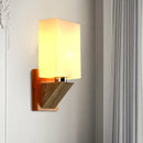 GobekUsa Modern White Frosted Glass Cuboid Sconce - Wood Wall Lamp with Metal Base