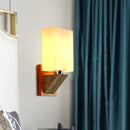 GobekUsa Modern White Frosted Glass Cuboid Sconce - Wood Wall Lamp with Metal Base