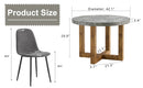 A modern and practical circular dining table. Made of MDF tabletop and wooden MDF table legs. A set of 4 cushioned chairs.
