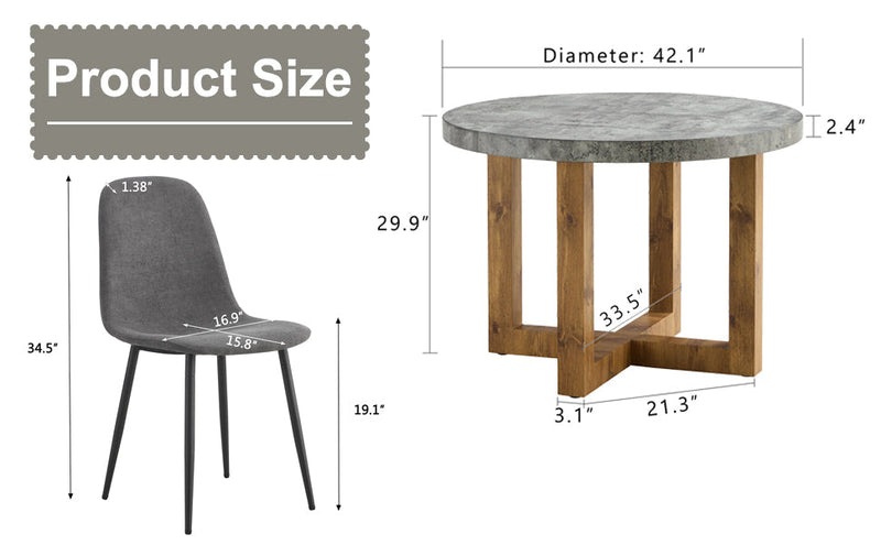 A modern and practical circular dining table. Made of MDF tabletop and wooden MDF table legs. A set of 4 cushioned chairs.
