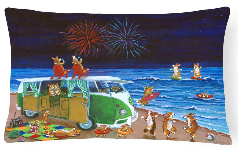 Corgi Beach Party Volkswagon Bus Fireworks Fabric Decorative Pillow 7317PW1216