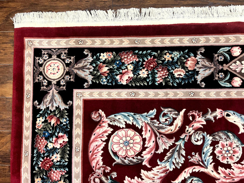 Chinese Aubusson Rug 9x12, Burgundy, Handmade Vintage Wool Carpet, Fine 210 KPSI, Elegant European Design