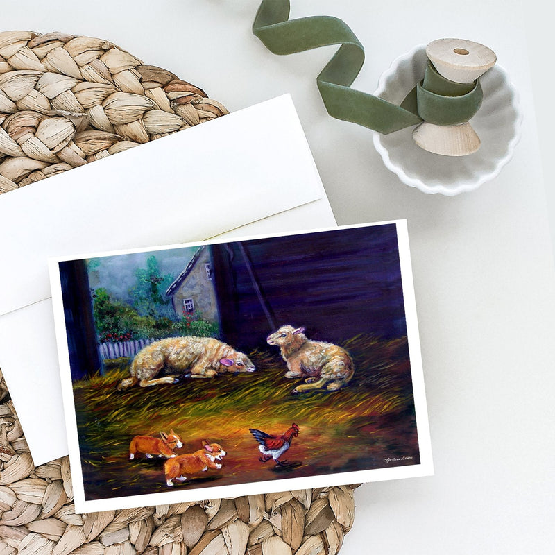 Corgi Chaos in the barn with sheep Greeting Cards and Envelopes Pack of 8