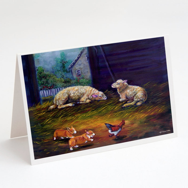 Corgi Chaos in the barn with sheep Greeting Cards and Envelopes Pack of 8