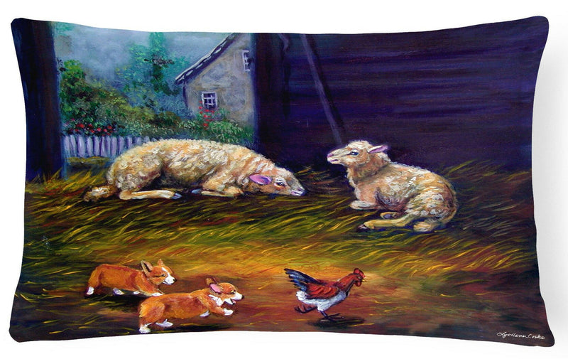 Corgi Chaos in the barn with sheep Fabric Decorative Pillow 7322PW1216