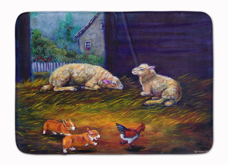 Corgi Chaos in the barn with sheep Machine Washable Memory Foam Mat 7322RUG