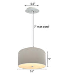 16" W 2 Light Pendant Light Oatmeal Linen Drum Shade with Diffuser, White Cord