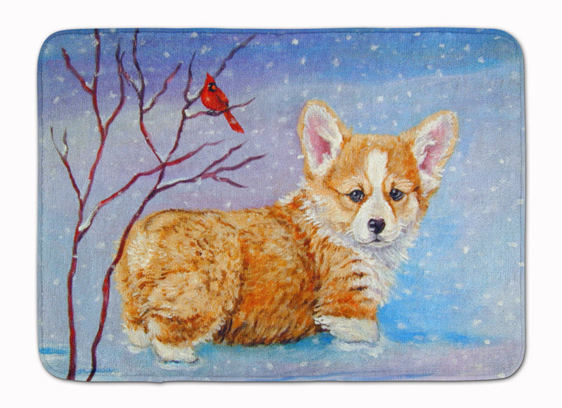 Corgi Pup Snow Cardinal Machine Washable Memory Foam Mat 7327RUG