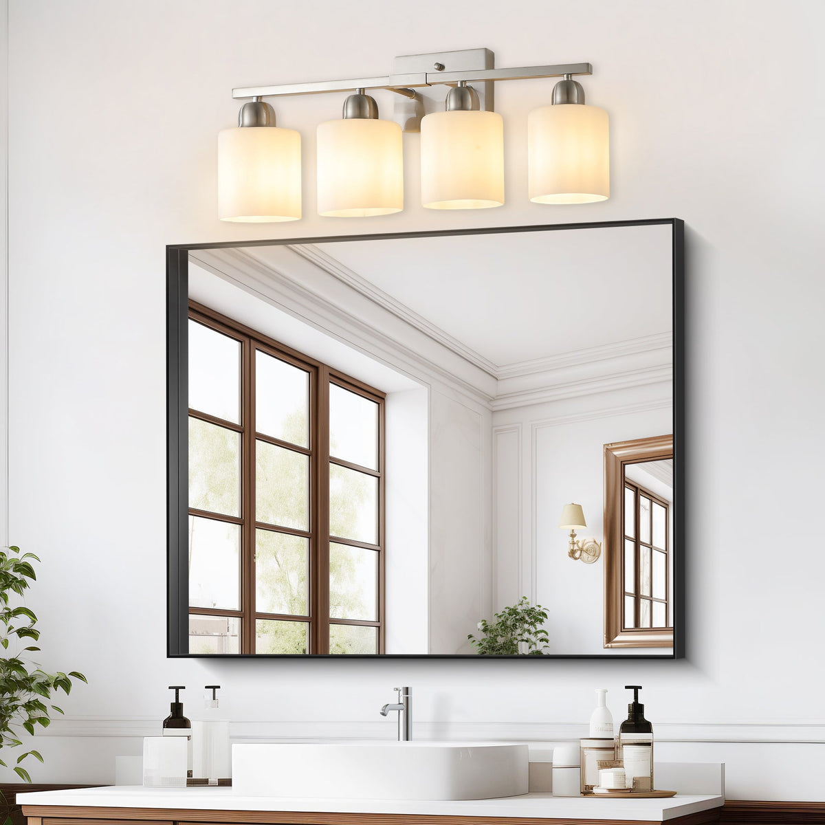 Modern 4-Light Bathroom Fixture with Nickel Finish and Milky, photo 3 of 7