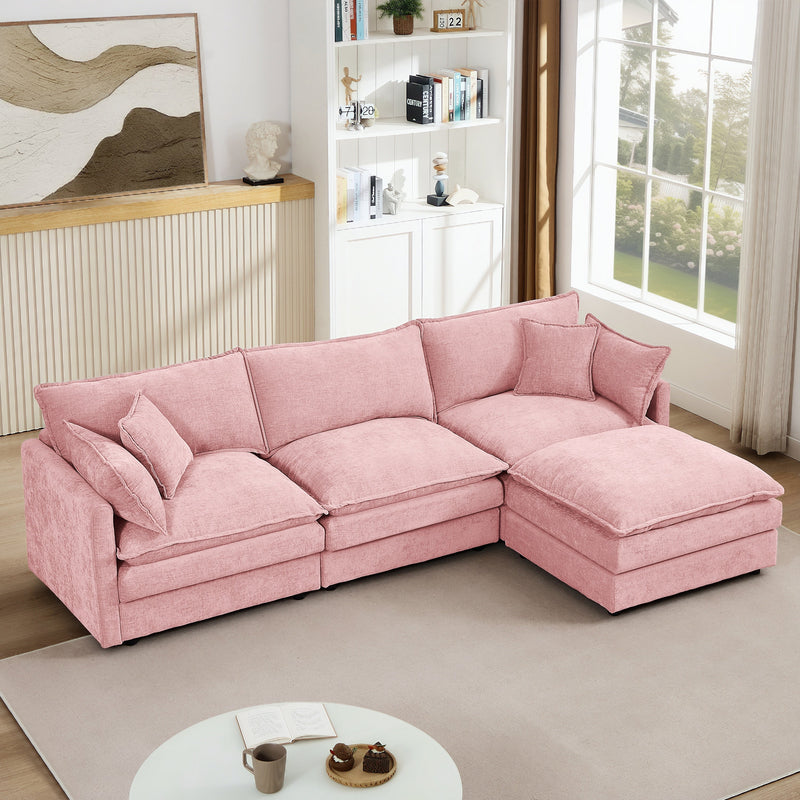 Contemporary Modular Sectional Sofa L Shaped 3-Seater with Movable Ottoman in Pink Chenille, 105 Inch