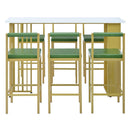7-Piece Multi-Functional Modern Counter Height Dining Bar Table Set with Open Shelves and 6 Upholstered Stools for Dining Room, Bar and Cafe (White and Green)