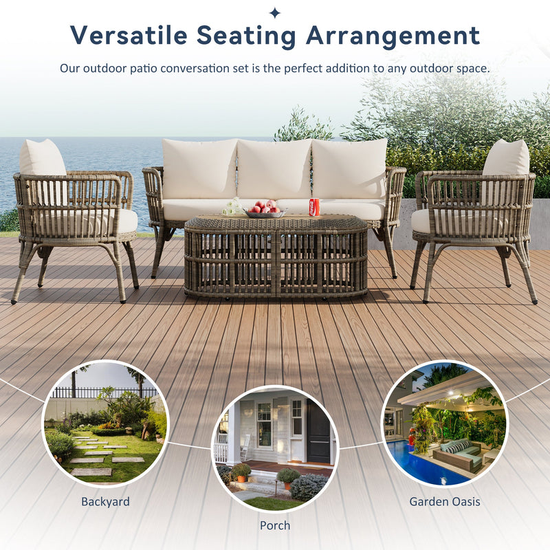 4-Piece Rattan Outdoor Patio Conversation Set with Seating Set for 5 and Coffee Table for Porch, Backyard and Garden (Brown Grey)