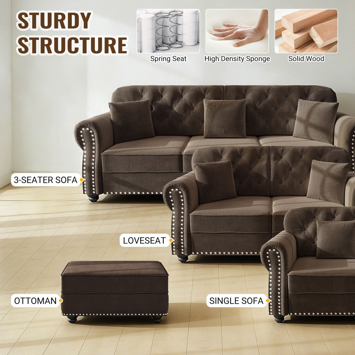 Upholstered 3 Seater Sofa Set With Ottoman, photo 24 of 39