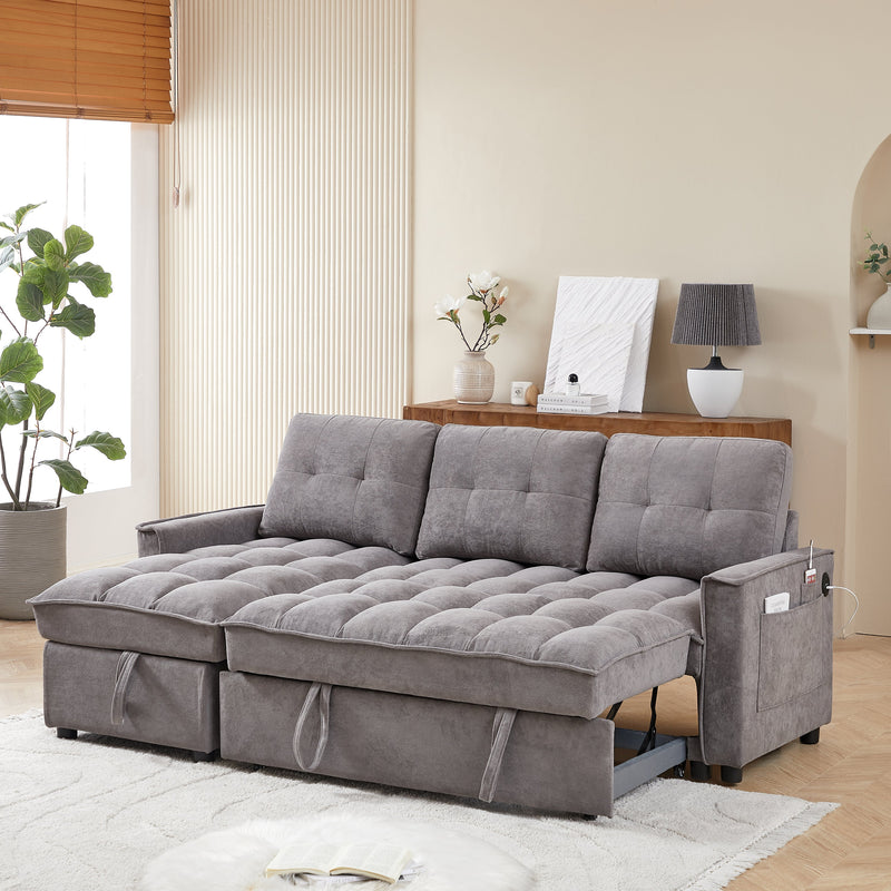 78.75" Reclining Sofa, Pull-Out Sofa Bed with USB and tape-c charging ports, L-Shaped Sectional Sofa with Reclining Storage and Arm Side Organizer Pocket Features, Living Room Comfort Sofa