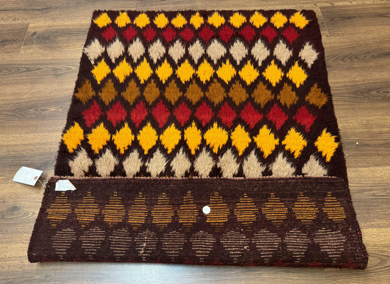 Shaggy Balouch Rug 3x4, Tribal Rug, Afghan Rug, Brown, Multicolor