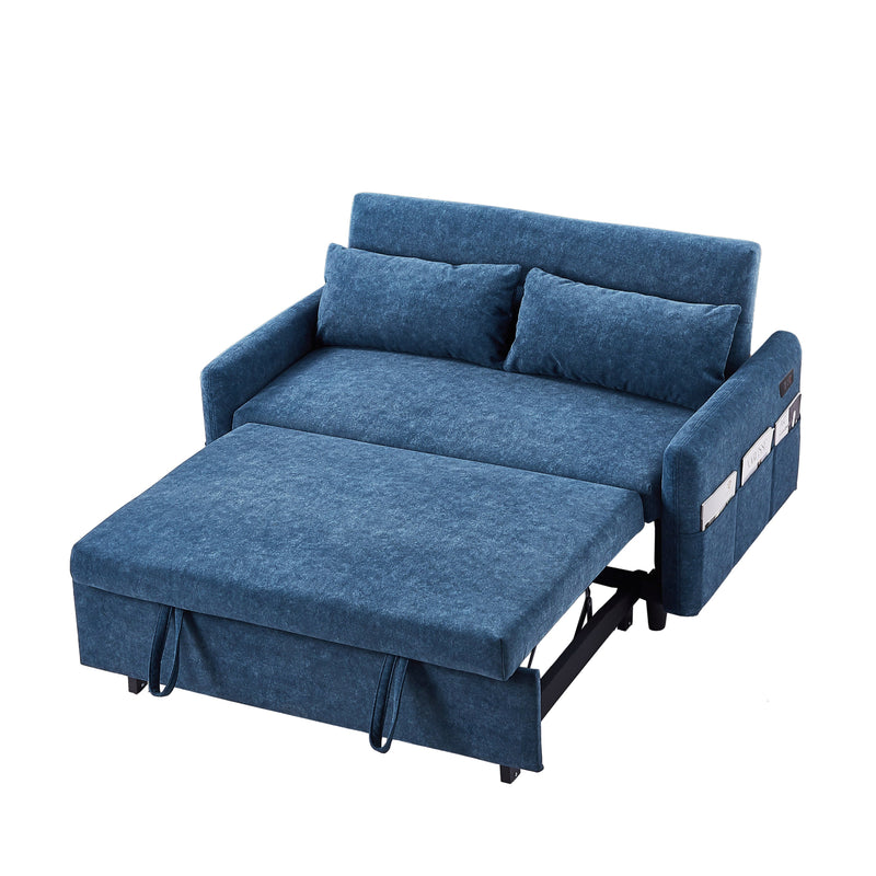 55.1" Pull Out Sleep Sofa Bed Loveseats Sofa Couch with Adjustable Backrest, Storage Pockets, 2 Soft Pillows, USB Ports for Living Room, Bedroom, Apartment, Office, Blue