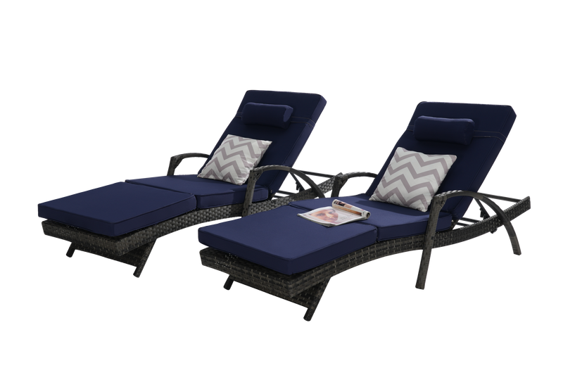 Outdoor Wicker Long Reclining Chair Set of 2 with Cushions, Wicker Reclining Lounge Chair Lawn Sunbathing Chairs Recliner up to 150° Beach Poolside Garden