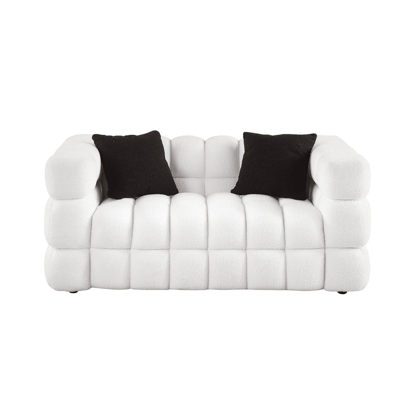 84.3/62.2 length, 35.83" deepth, human body structure for USA people, marshmallow sofa,boucle sofa, White color,3 seater. sofa and loveseater