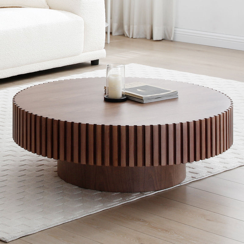 31.49" Round Coffee Table Small Coffee Table for Apartment, Modern Living Room Coffee Table with Sturdy Pedestal,WALNUT