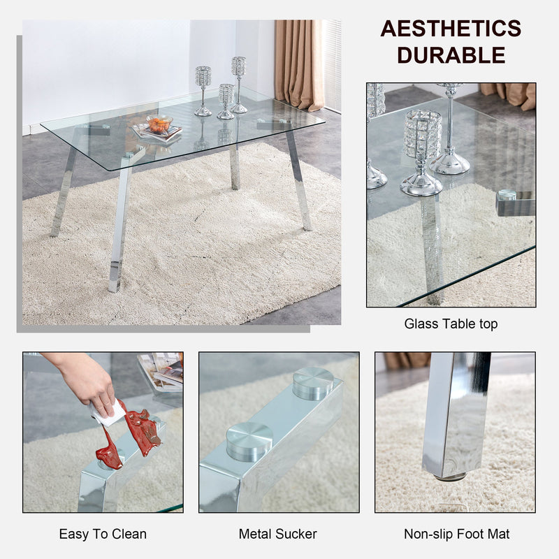 A modern minimalist rectangular glass dining table with tempered glass tabletop and silver metal legs, suitable for kitchens, restaurants, and living rooms,63"x35.4"x30"