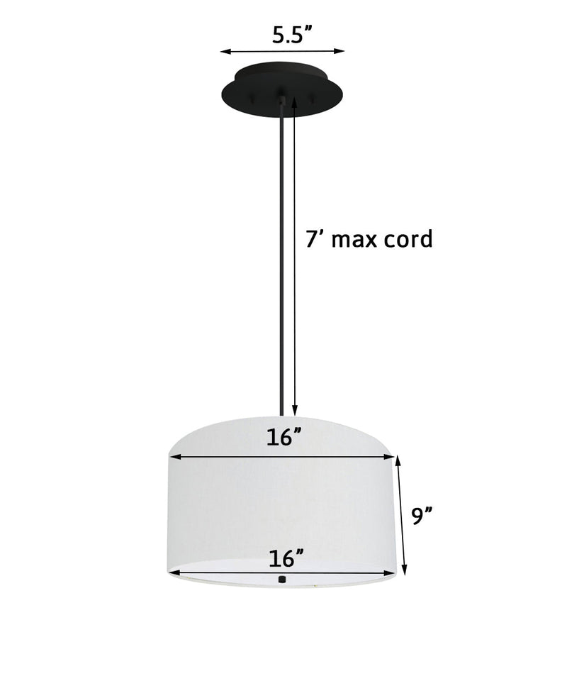 16" W 2 Light Pendant White Linen Drum Shade with Diffuser, Black Cord