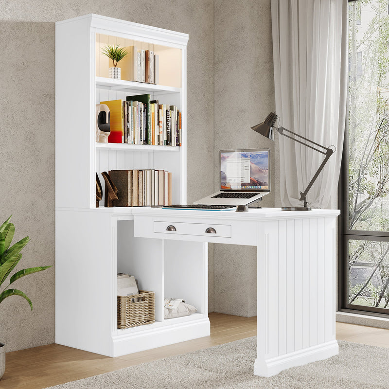 83.4"Tall 2 Bookshelf & 1 Writting Desk Suite,Modern Bookcase Suite with LED Lighting, Drawers,Study Desk and Open Shelves,3-Piece Set Storage Bookshelf for Living Room,Home Office,Study room,White