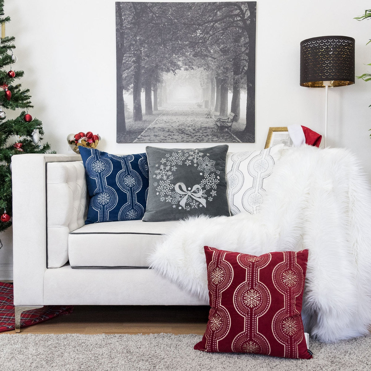 Gray Velvet Holiday Throw Pillow with Snowflake Wreath Embroidery, photo 3 of 5