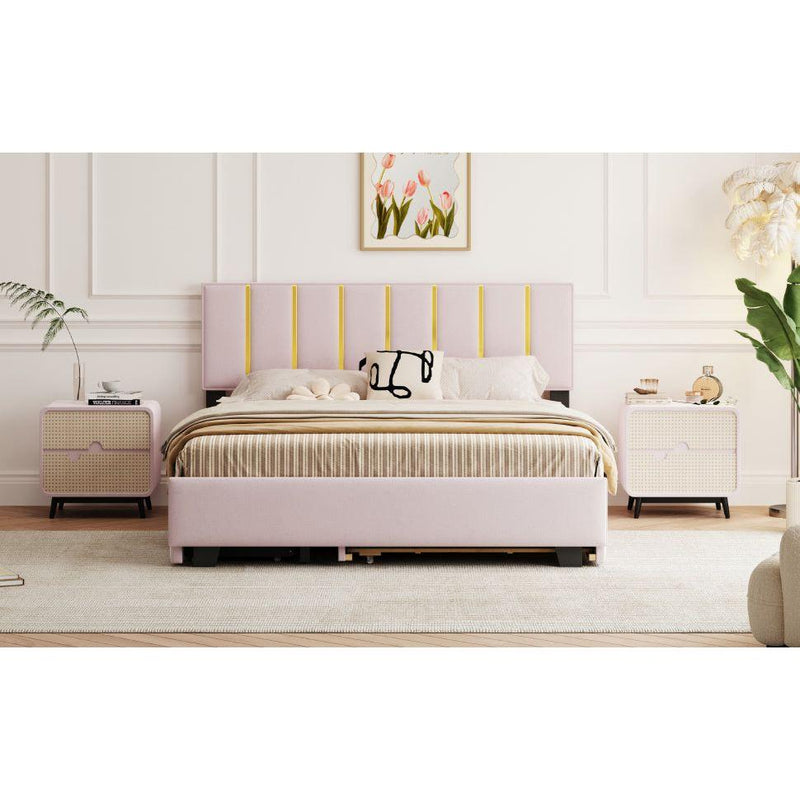 Queen Size Upholstered Platform Bed with 2 Drawers and 1 Trundle, Classic Metal Strip Headboard Design, Pink