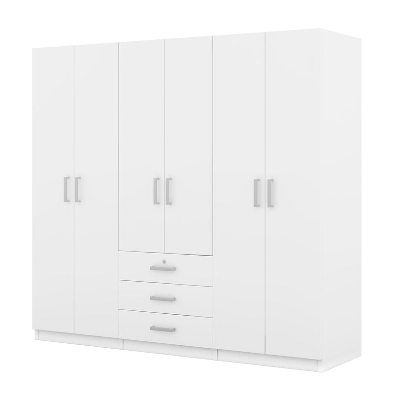 6-Doors Wooden Wardrobe Storage for Bedroom, with Big Drawers, White