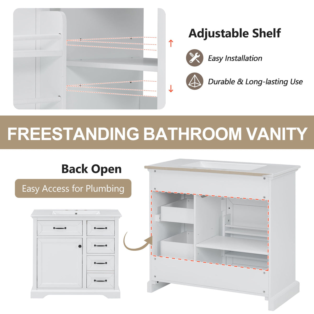 36" Bathroom Vanity With Sink, 2 Tip-Out Drawers, Soft Close Hinges, photo 17 of 40