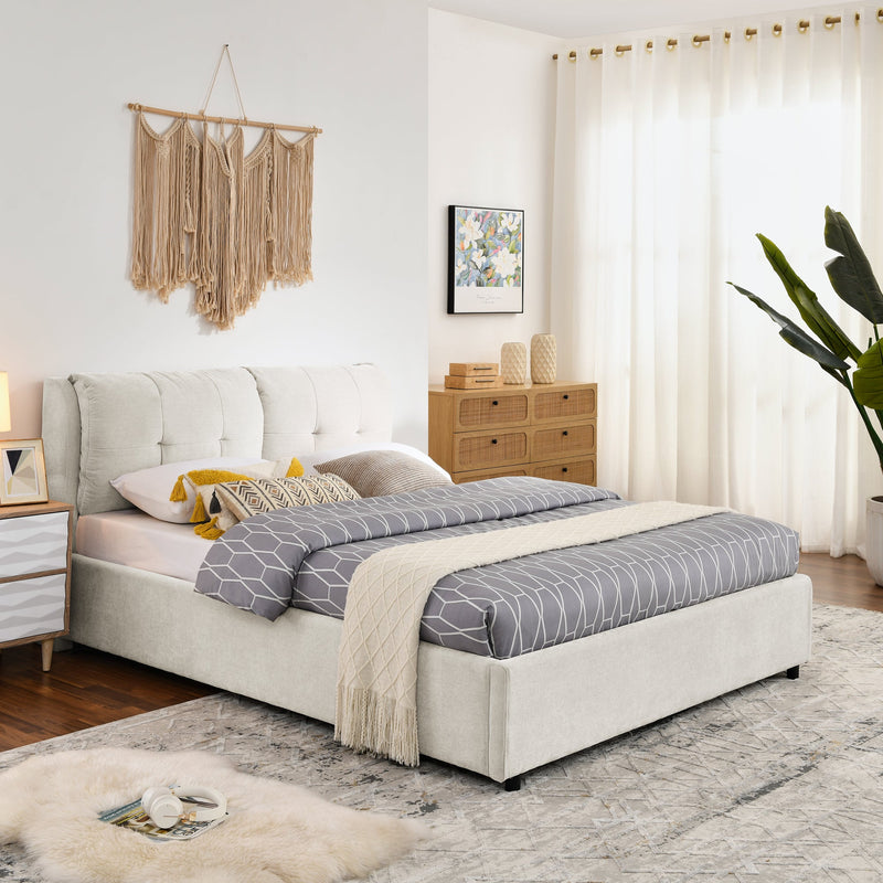 Queen Size Storage Upholstered Hydraulic Platform Bed with Integrated Headboard, Chenille Fabric, Beige