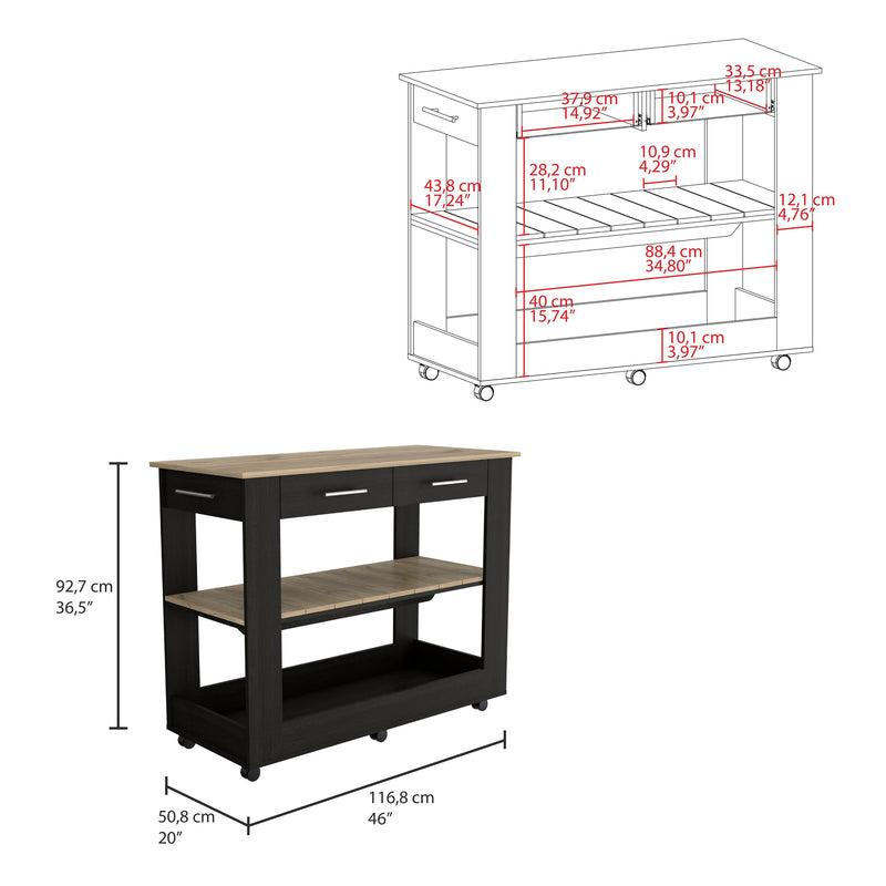 Cala Kitchen Island 46, Six Casters, Two Drawers, Lower Open Shelf -Black / Light Oak