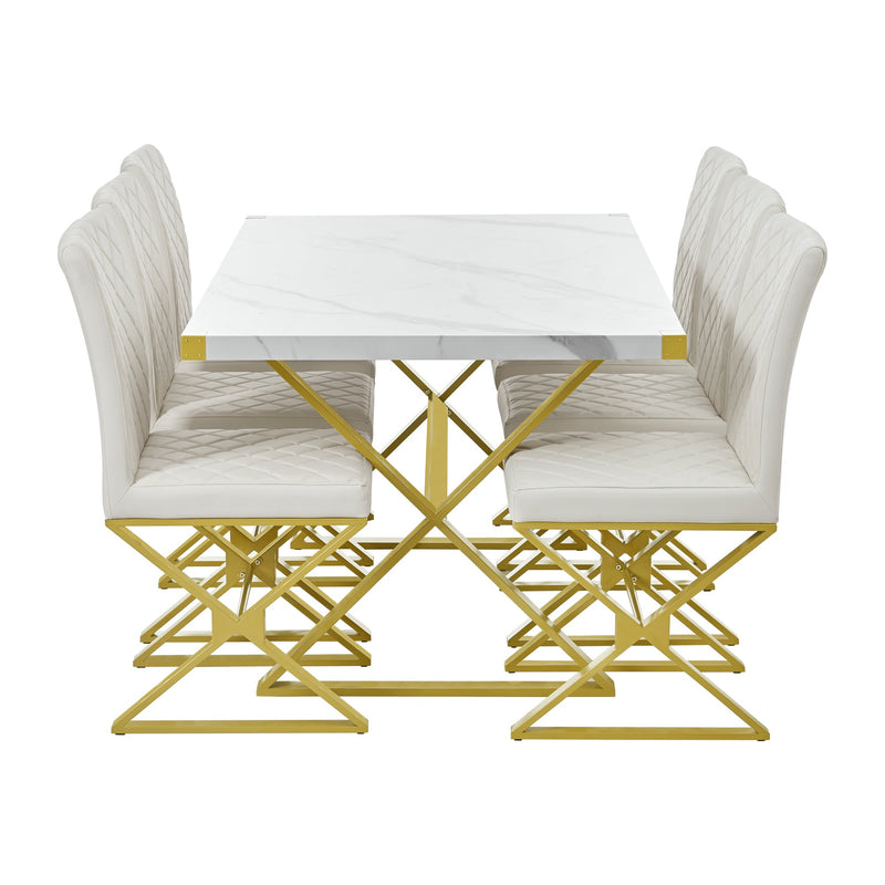 7-Piece Modern Dining Table Set, Rectangular Marble Texture Kitchen Table and 6 PU leather Chairs with X-Shaped Gold Steel Pipe Legs for Dining Room (White)