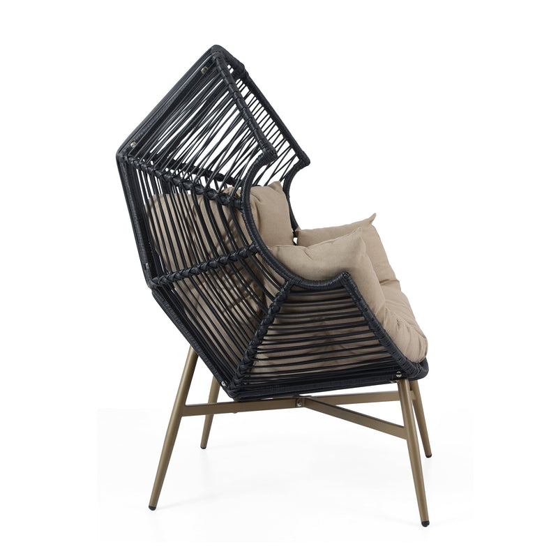 Cori Outdoor Patio Black Faux Wicker Egg Chair with Khaki Cushion, Weather-Resistant, Handwoven PE Rattan and Iron Frame