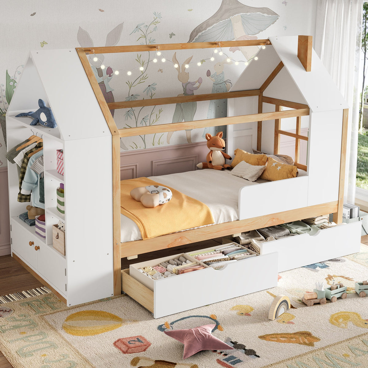 Twin Size House Platform Bed with Drawers, Solid Wood House Bed with Shelves, photo 3 of 10