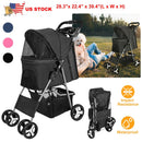 4 Wheels Pet Stroller Foldable Carrier Strolling Cart Travel Jogger Pet Stroller with Removable Liner Storage Basket for Dog Cat