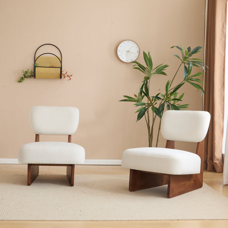 [Set of 2] Modern Beige Lounge Chair with Polyester Upholstery, Sturdy Wood Base With Walnut Finish, Minimalist and Stylish Accent Seating for Living Room, Bedroom, or Office