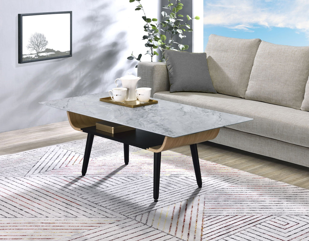 Landon - Coffee Table With Glass Marble Texture Top And Bent Wood Design, photo 3 of 15